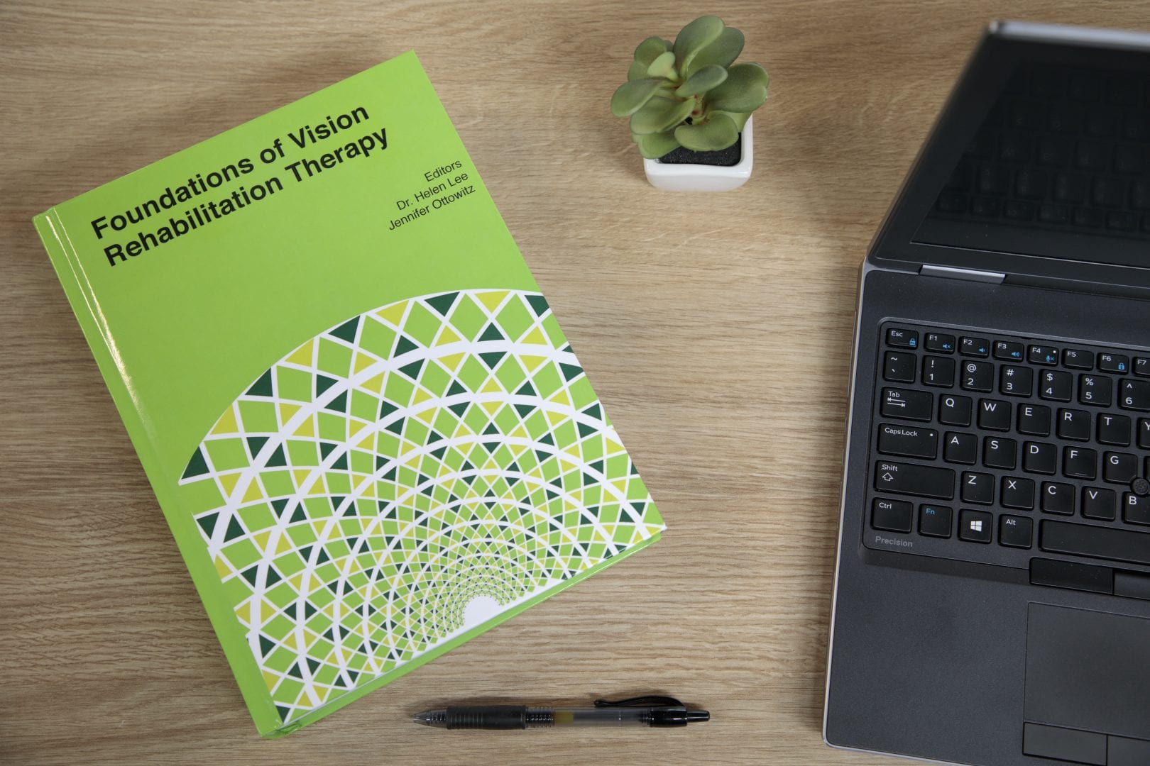 a green book titled "Foundations of Vision Rehabilitation Therapy" lays on a table top next to a plant, pen, and laptop computer