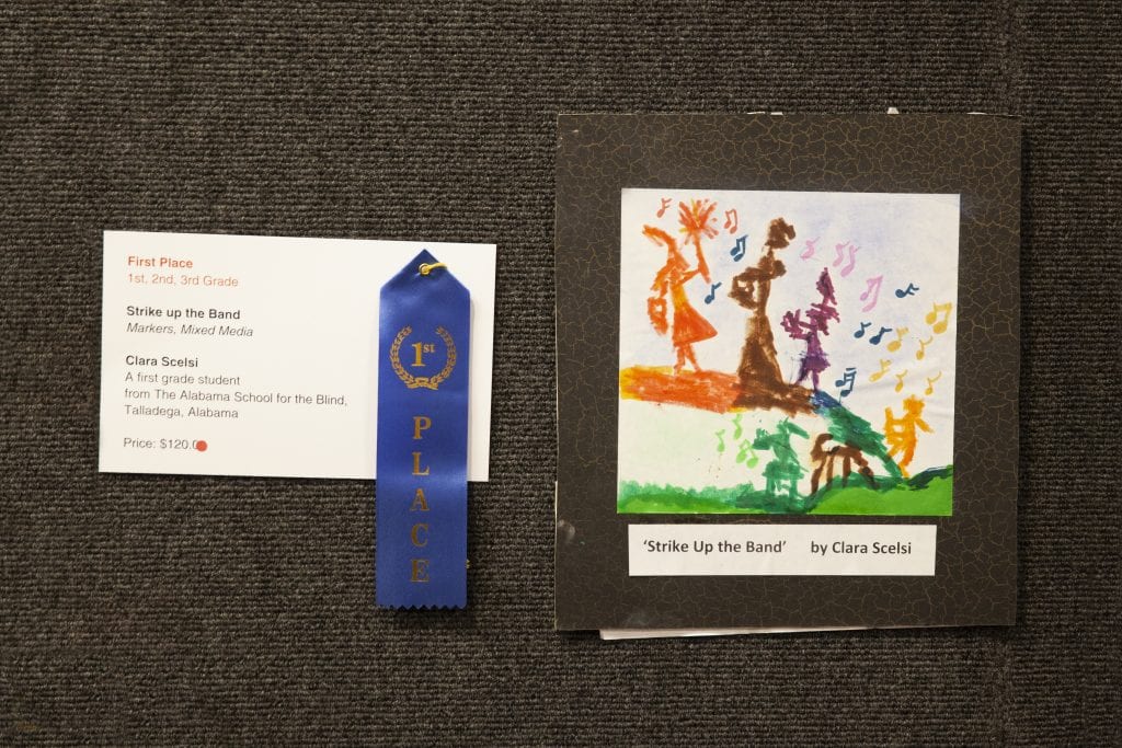 a painting of people playing instruments next to a blue winners ribbon