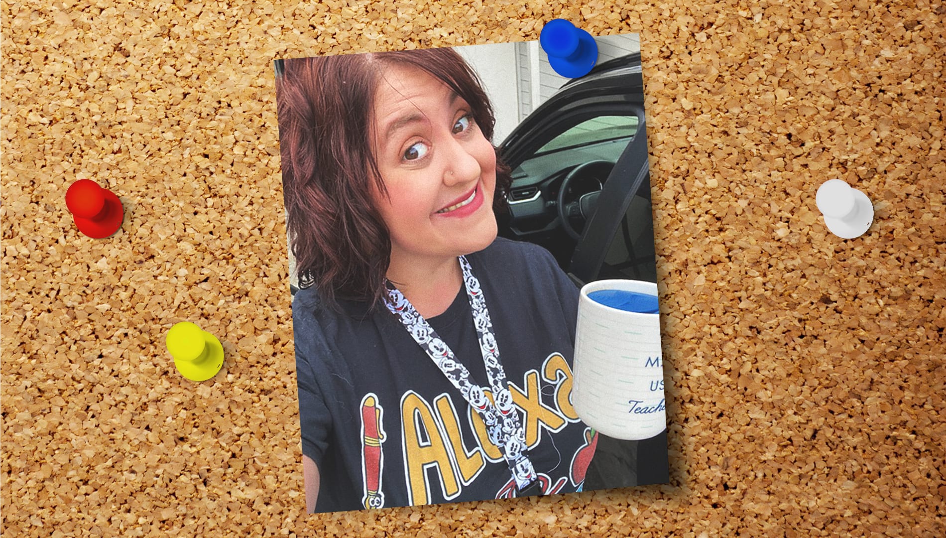 a picture of Elizabeth Umphress with a coffee mug pinned to a cork board with colorful thumbtacks around it