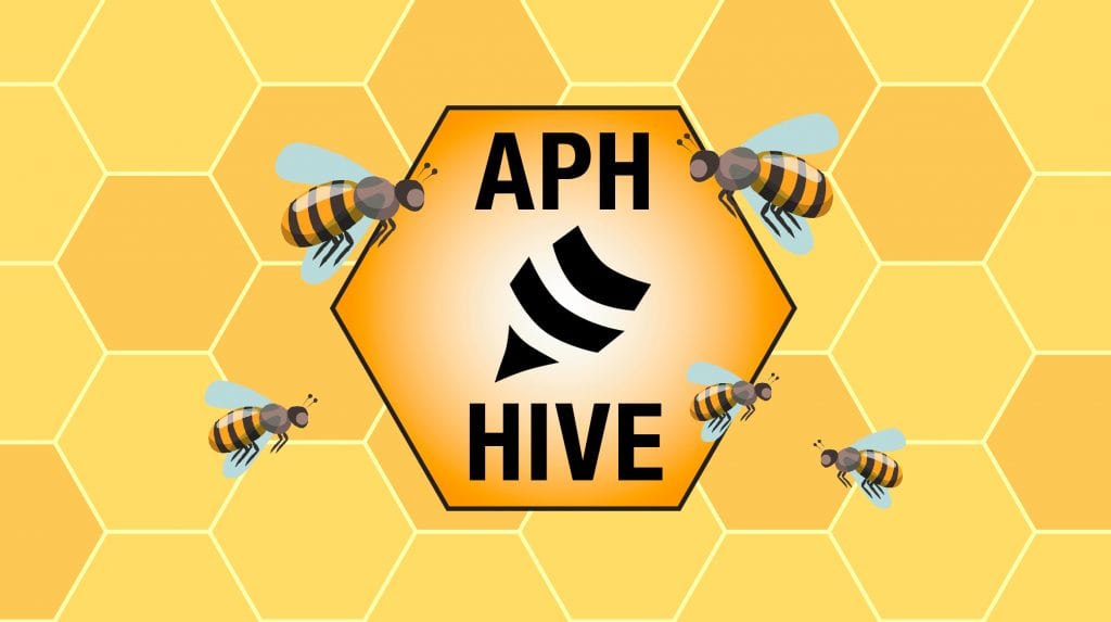 APH Hive logo on a honeycomb pattern background with cartoon bees flying around it