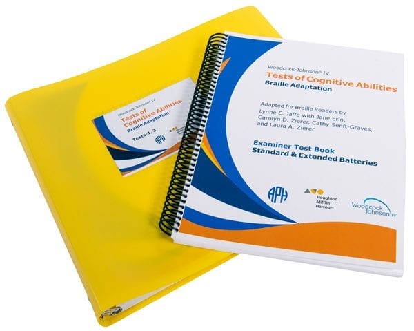 Spiral bound Woodcock-Johnson IV Tests of Cognitive Abilities manual for administration and one binder with braille student pages