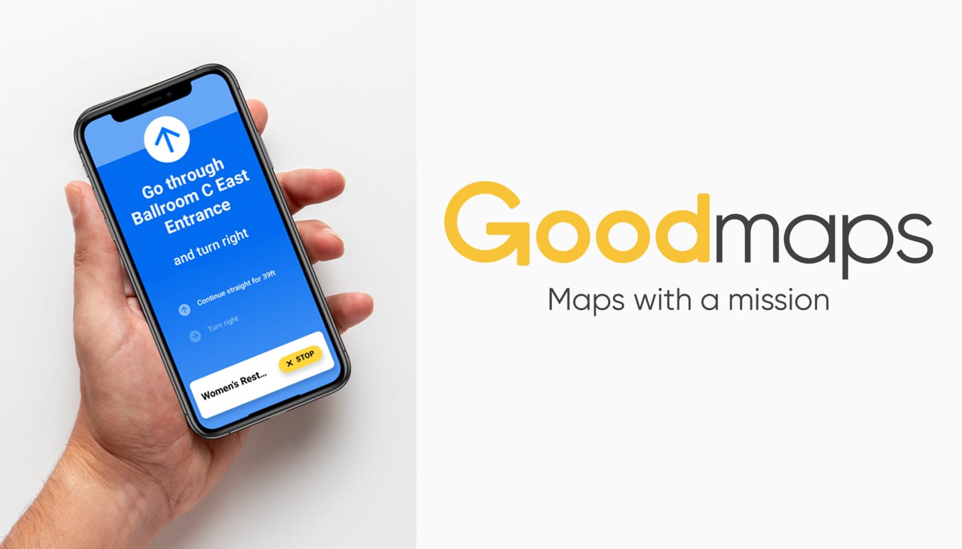 a hand holding a phone with the GoodMaps explore app open on it. GoodMaps logo "Maps with a mission"
