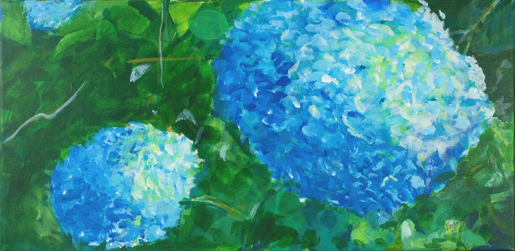 Acrylic paint on canvas is the medium used for this realistic floral still-life depicting a close-up of a beautiful blooming blue hydrangea bush.