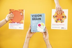 hands holding three books against a yellow backdrop. the books are Cortical Visual Impairments by Christine Roman-Lantzy, Vision and the Brain, and Cortical Visual Impairments: Advanced Principles by Christine Roman-Lantzy