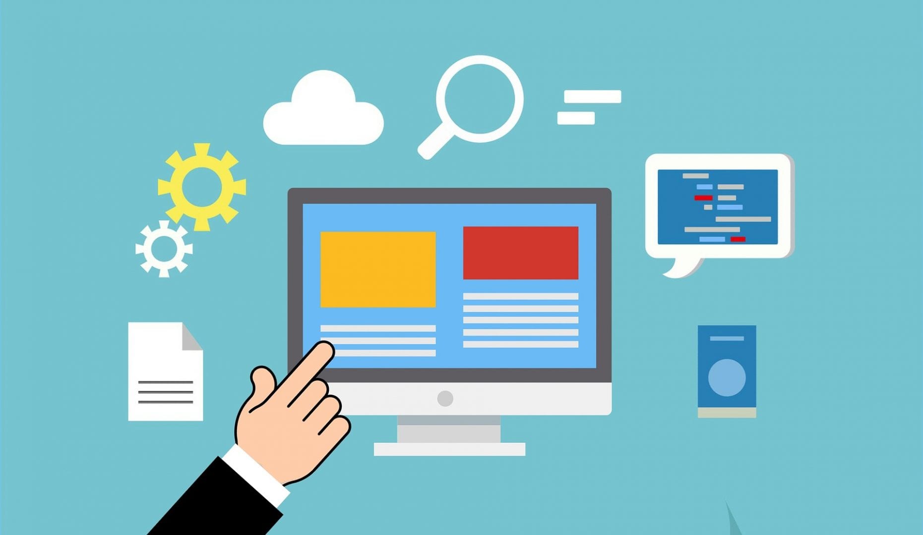 graphic of a hand pointing to a computer screen shwoing a mock up of a web page. Surrounding the computer screen is graphic representation of a piece of paper, two cogs, a cloud, a magnifying glass, and a chat bubbble.