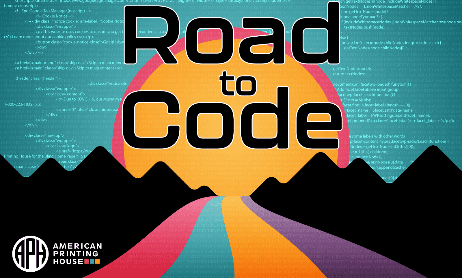 a graphic that says "Road to Code" showing a winding road in our branding colors toward a sunset and at the horizon. The sky giving a star effect made of coding symbols.
