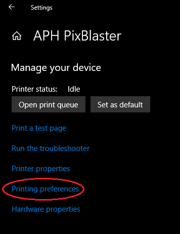 Screenshot illustrating where to find the link to "Printing preferences."
