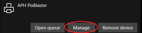 Screenshot illustrating the location of the "Manage" button between buttons for "Open queue" and "Remove device."