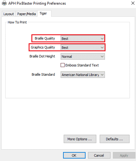 Screenshot of Tiger printing preference dialog box with options for Braille and Graphics Quality.