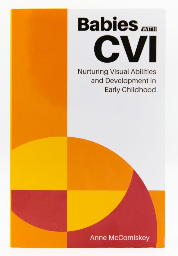 Cover of Babies with CVI book featuring a red, orange, and yellow geometric pattern