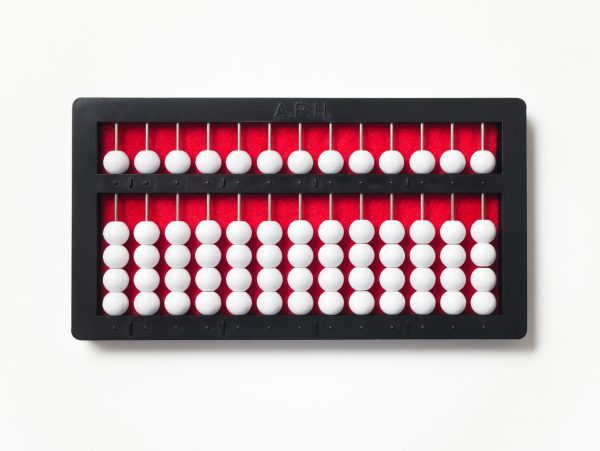 abacus with white beads, a red background, and a black frame