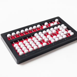 abacus with white beads, a red background, and a black frame