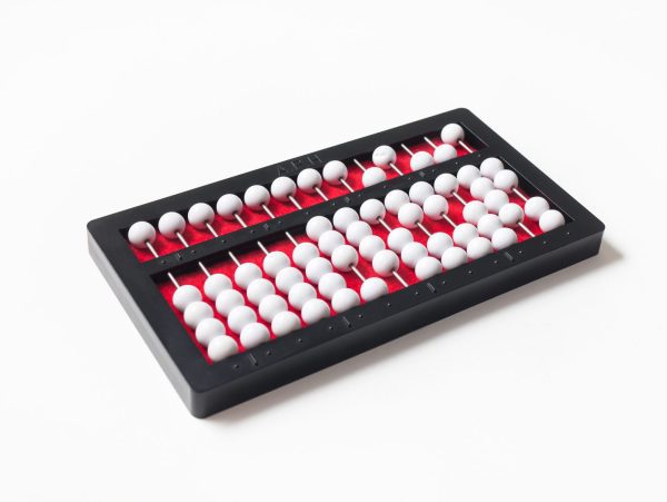 abacus with white beads, a red background, and a black frame