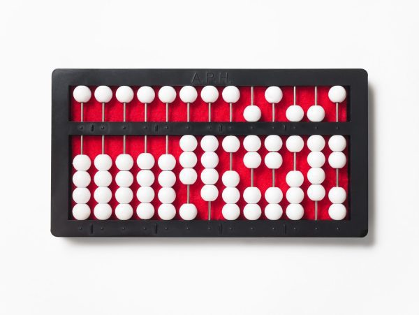 abacus with white beads, a red background, and a black frame