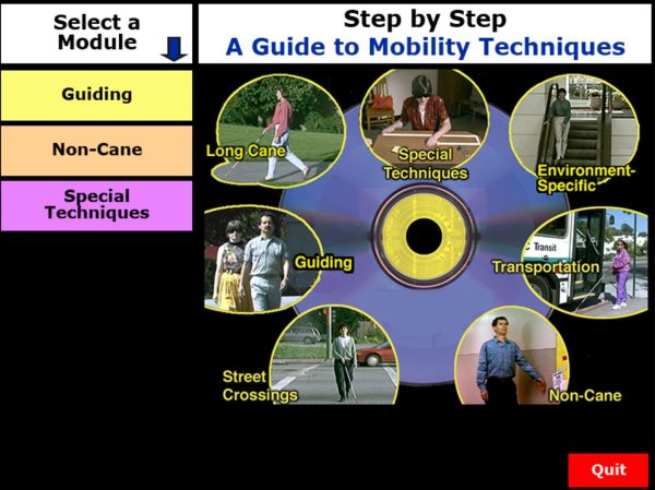 A screenshot of the Step-by-Step home screen. On the left sidebar, the following modules are listed: Guiding, Non-Cane, Special Techniques