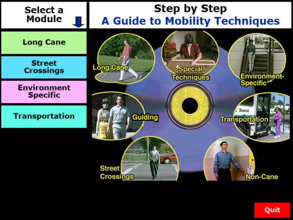 A screenshot of the Step-by-Step home screen. On the left sidebar, the following modules are listed: Long Cane, Street Crossings, Environment Specific, and Transportation.