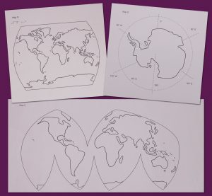 three paper maps of the earth and continents