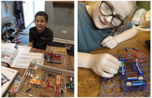 Side by side photos of students with snap circuits jr kits. Student on left is smiling with the kit and instructions spread out in front of them. Student on the right leans in closely to the snap circuits board as they read the braille on one of the pieces