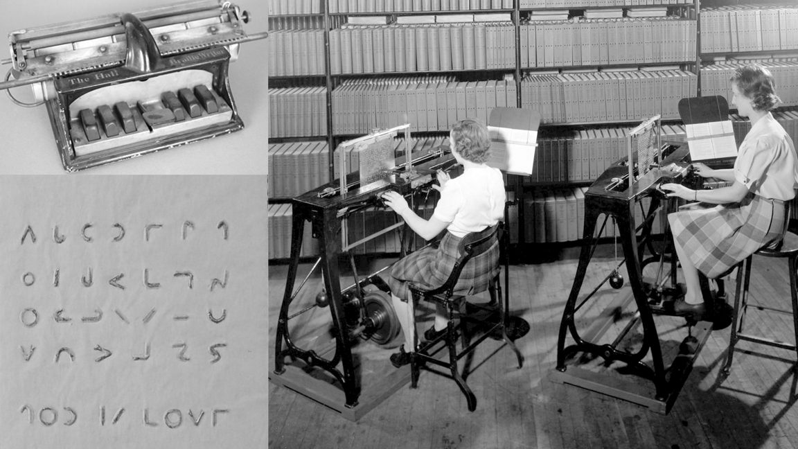 collage of three black and white photos. From top left going clockwise it shows a Hall braillewriter; two women typing braille printing plates with stereograph machines in 1945, and detail from a printing plate of Moon Type.