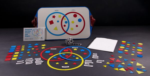 Textured Sorting Circles and Shapes kit with pieces and board. A picture of large textured circles that overlap. Inside are differently textured shapes including stars, circles, triangles, and squares in shades of red, yellow, and blue.