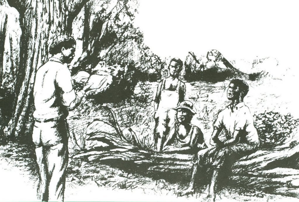 Pencil sketch of a forest scene set in a clearing, framed by a massive oak tree. One child sits on a fallen log. Another is sitting on the ground, resting his arms on the log, and a third stands nearby. All are watching a man, standing, reading to them from a book.