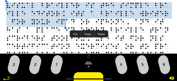Visual Brailler mobile image displaying braille with six buttons below