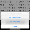 Visual Brailler mobile image displaying braille with pop-up for selecting BRL or BRF