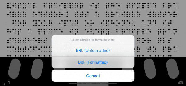 Visual Brailler mobile image displaying braille with pop-up for selecting BRL or BRF