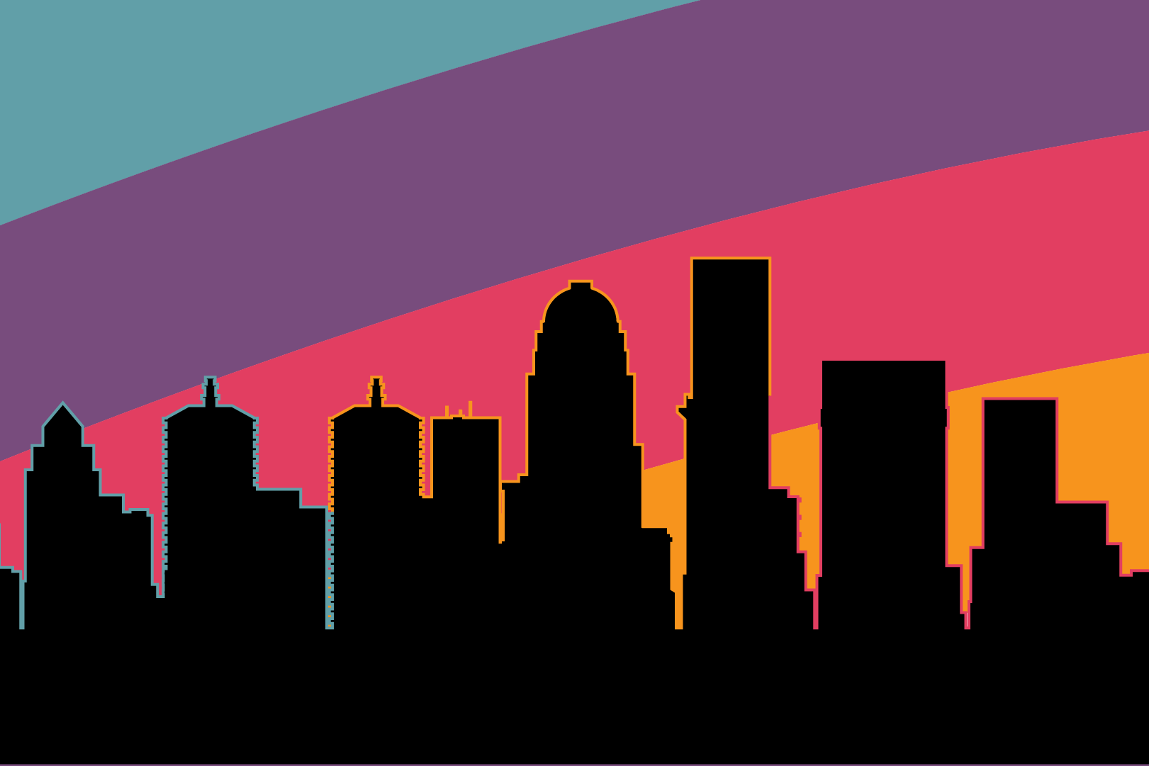 Silhouette of the Louisville skyline in front of a sky filled by a rainbow made up of the APH brand colors teal, purple, pomegranate, and gold.