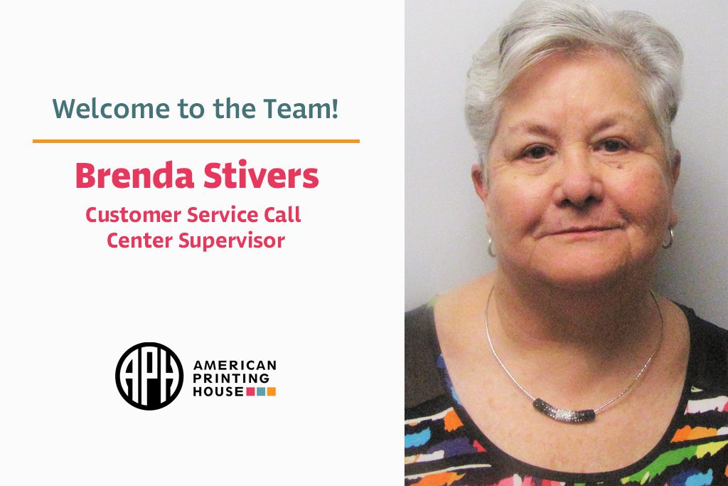 "Welcome to the Team! Brenda Stivers. Customer Service Call Center Supervisor." APH logo. Photo of Brenda smiling