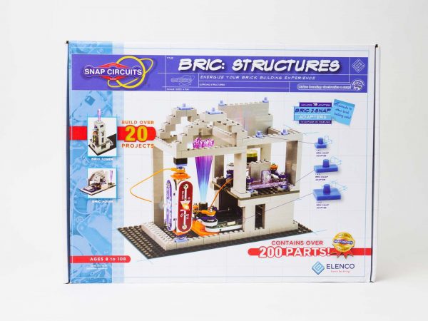 A close up of the BRIC: Structures box. On the cover is a BRIC: Structures project built inside a white building block structure. The Snap Circuits and ELENCO logos are in the bottom right.