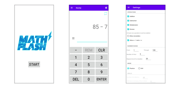 three math flash screen shots inlcuding the main logo, a calculator, and a settings screen