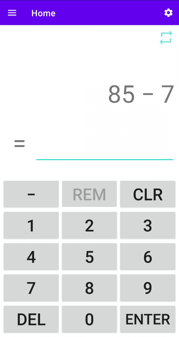 Math Flash home screen with calculator displaying 85 minus 7