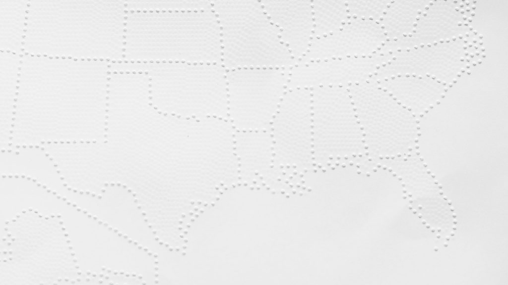 Close up photo of an embossed tactile graphic of a map of the southeastern US states. The lines between states are high relief dots while the areas within the states are low relief dots.