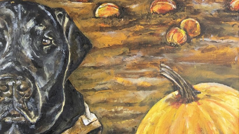 Close up of an acrylic painting of a black dog's face. A little bit of a brown harness can be seen on his back. Next to him sits a large pumpkin.