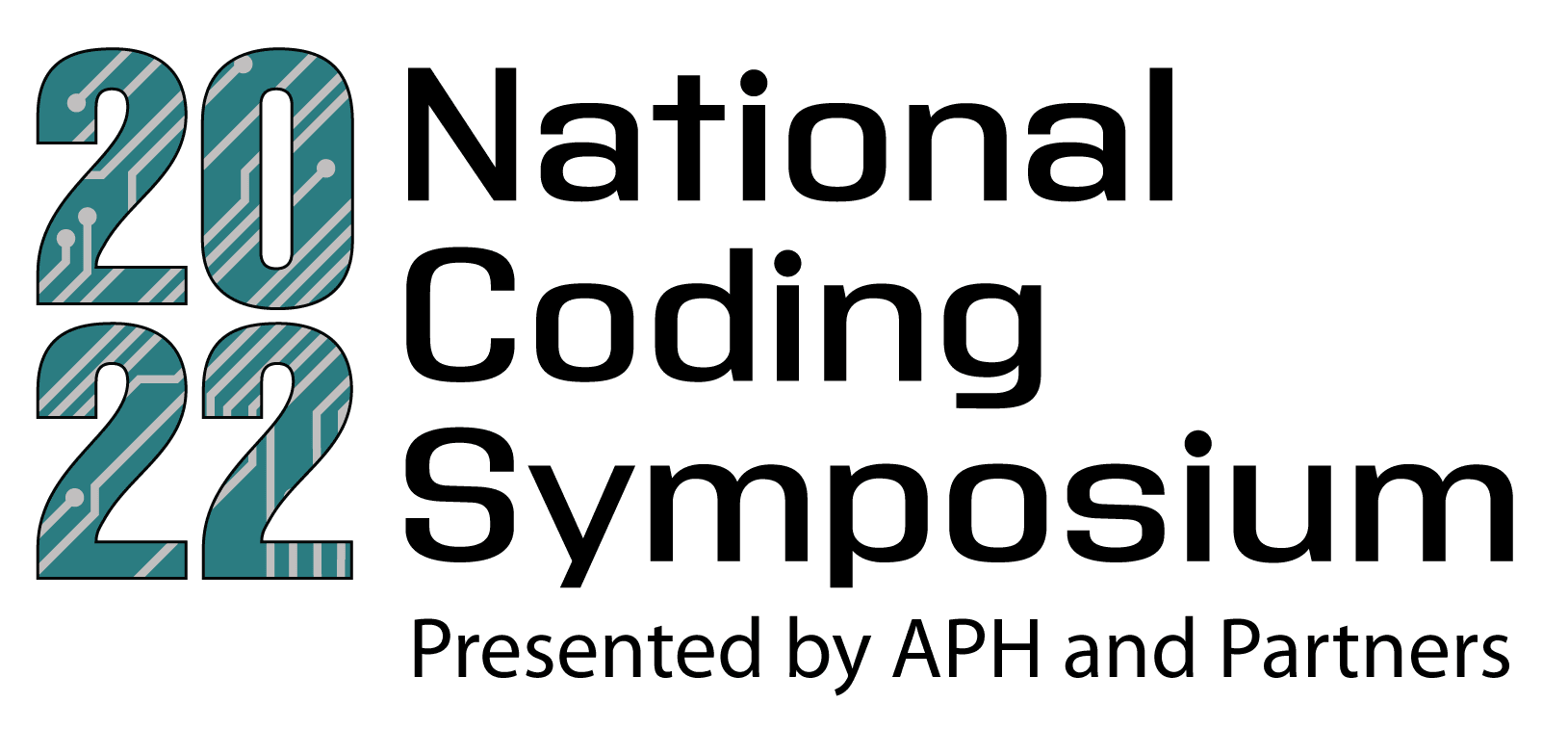 2022 National Coding Symposium logo. The numbers “2022” are teal and have a gray circuit board pattern across them. Text below reads "Presented by APH and Partners"