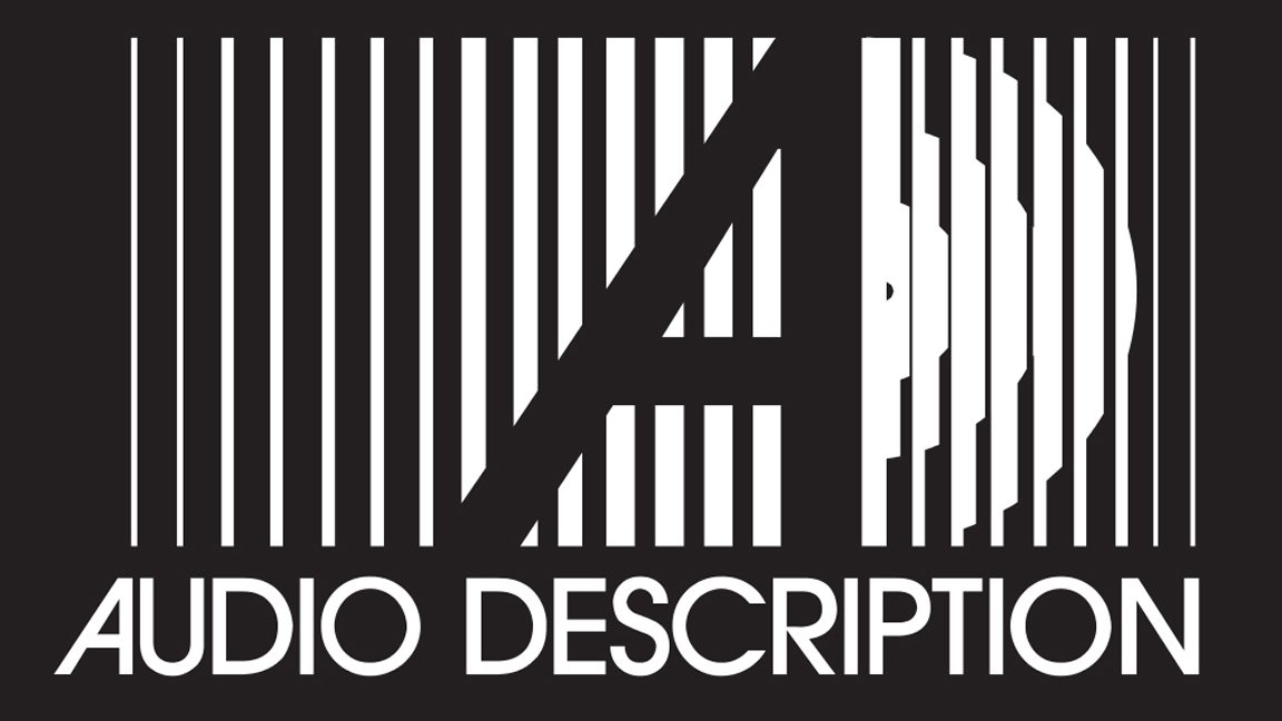 Pictogram for Audio Descriptions that features the letter A in black and a D made of white vertical stripes on a black background.