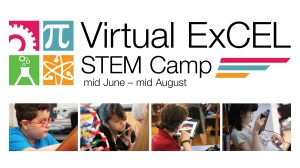 Virtual ExCel STEM Camp: mid June - mid August. Four photos of children studying and engaging with digital content.