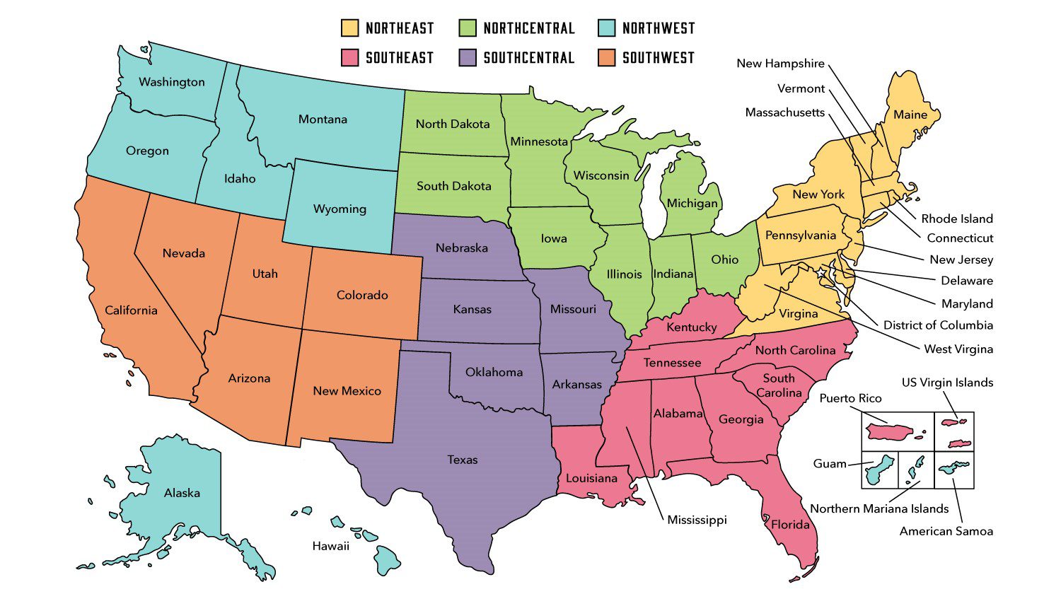 Map of the United States and Territories highlighting the six APH Outreach regions: Northeast, Northcentral, Northwest, Southeast, Southcentral, and Southwest.