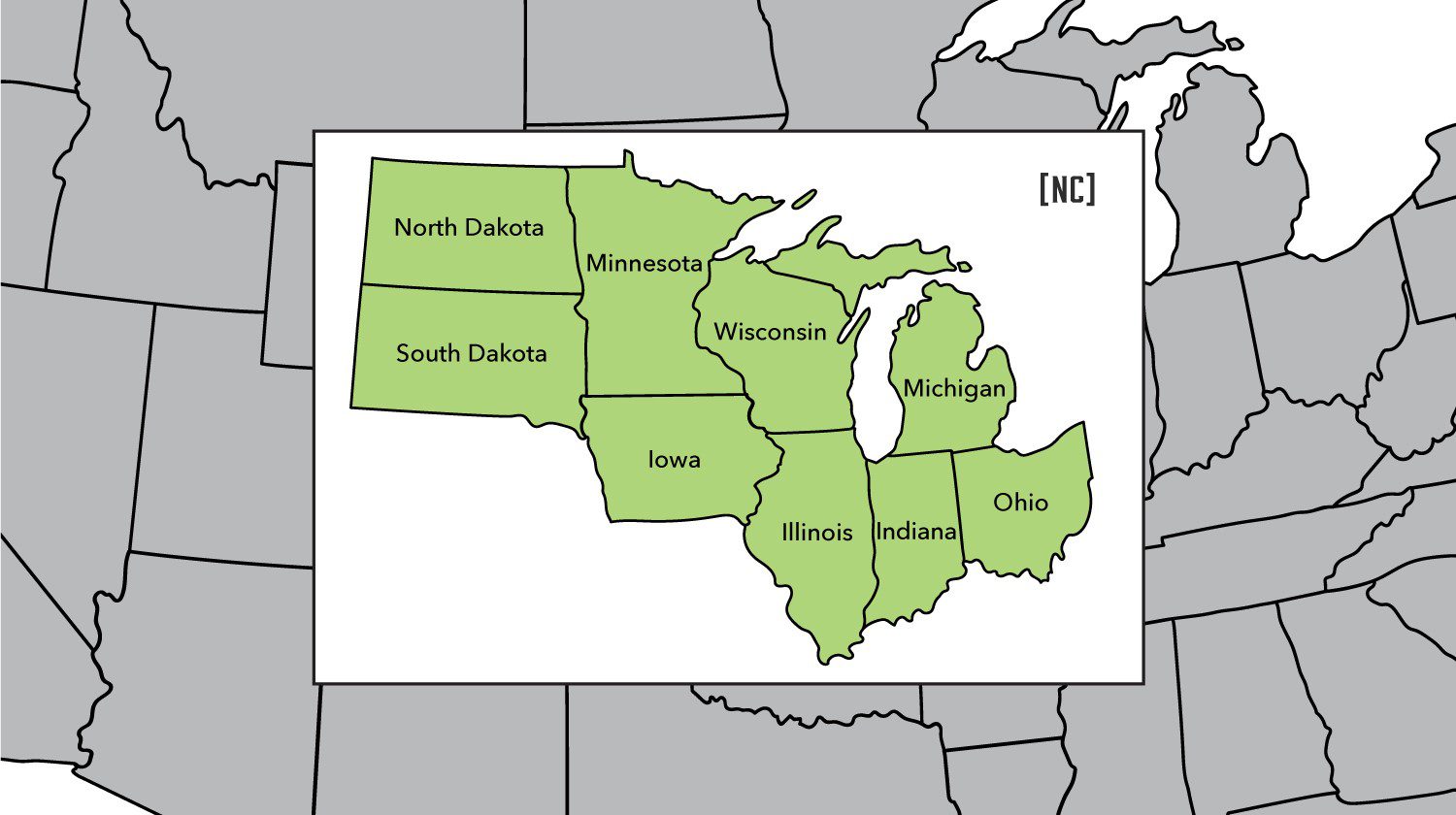 Northcentral Region Outreach map displaying the states of Illinois, Indiana, Iowa, Michigan, Minnesota, North Dakota, Ohio, South Dakota, and Wisconsin.