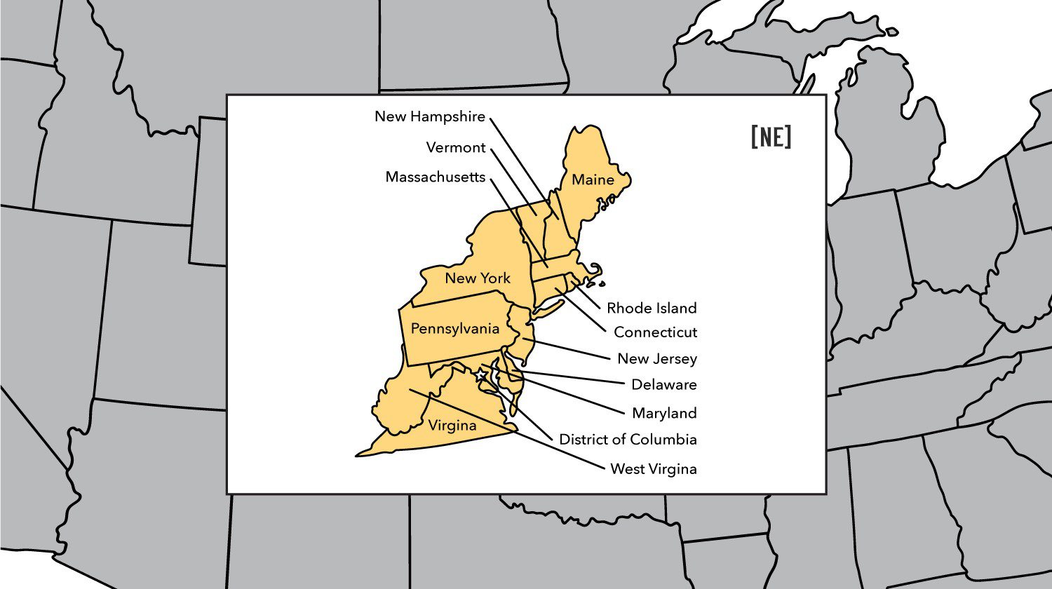 Northeast Region Outreach map displaying the states of Connecticut, Delaware, Maine, Maryland, Massachusetts, New Hampshire, New Jersey, New York, Pennsylvania, Rhode Island, Vermont, Virginia, Washington D.C., and West Virginia.