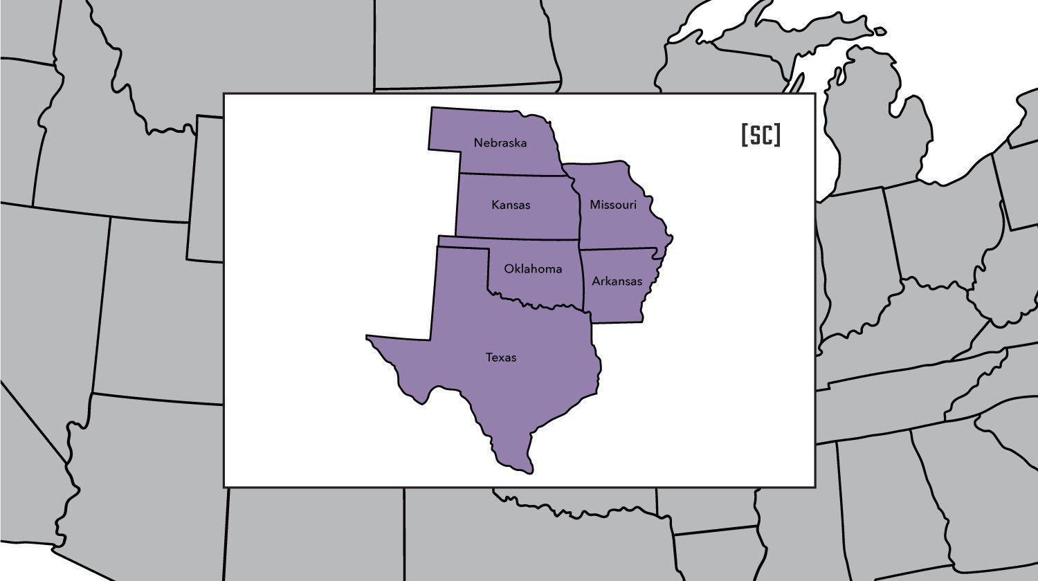 Southcentral Region Outreach map displaying the states of Arkansas, Kansas, Missouri, Nebraska, Oklahoma, and Texas.