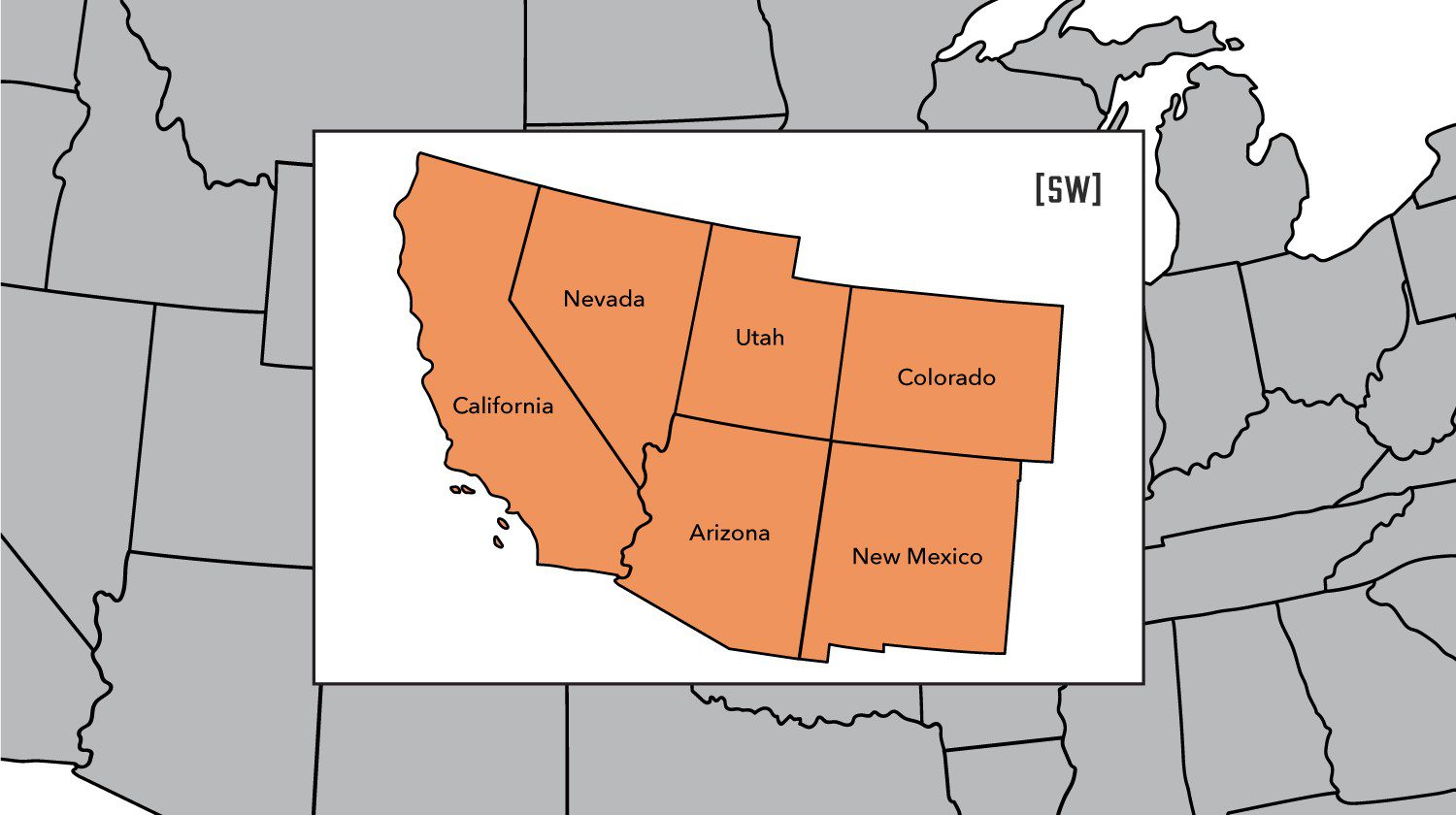 Southwest Region Outreach map displaying the states of Arizona, California, Colorado, Nevada, New Mexico, and Utah.