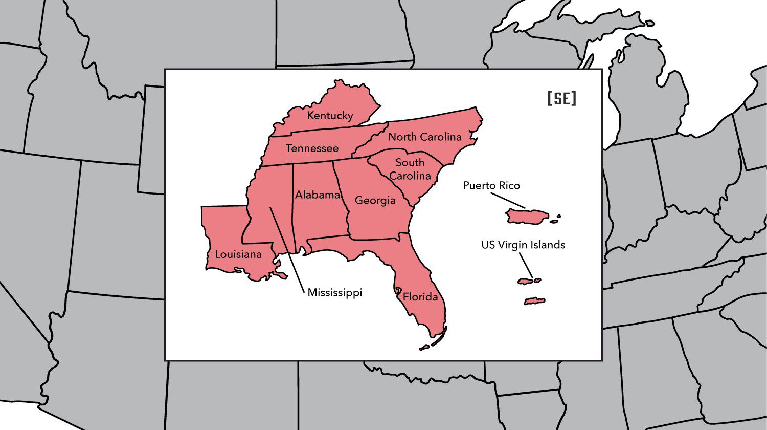Northeast Region Outreach map displaying the states of Alabama, Florida, Georgia, Kentucky, Louisiana, Mississippi, North Carolina, Puerto Rico, South Carolina, Tennessee, and the Virgin Islands