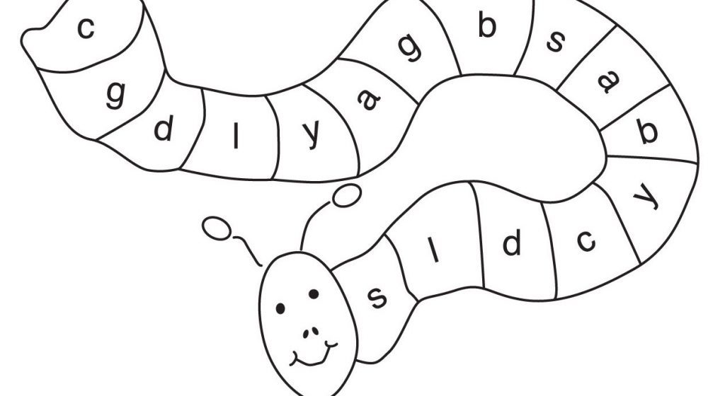 An illustration of a smiling worm with a segmented body. The 16 segments each have a letter of the alphabet in them.
