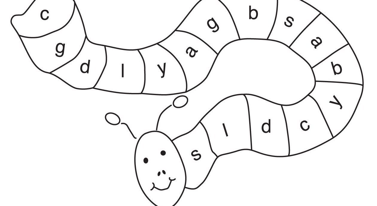 An illustration of a smiling worm with a segmented body. The 16 segments each have a letter of the alphabet in them.