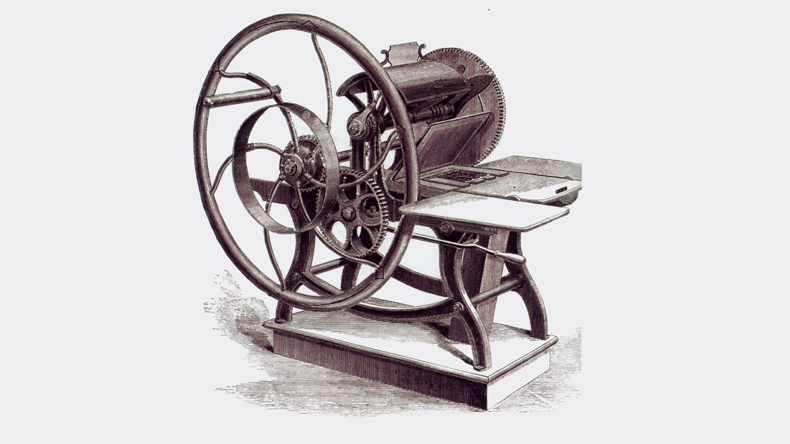 Newspaper sketch of an iron printing press with a large spoked flywheel, geared mechanisms, curved printing surface, and an output table.