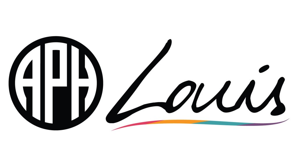 APH logo and Louis logo. The Louis logo is written in script font and has a curved underline that fades from pink to gold to teal to purple.