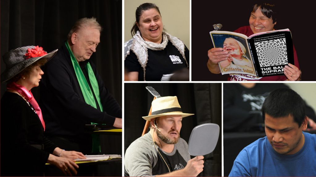 Five photos in a collage: a woman and a man wearing brightly colored scarves, a woman laughing with a broad smile, a woman holding a book, a man looking downward, and a man holding a mirror up to his face.