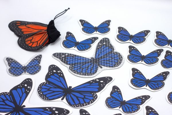 Close-up of large and small butterflies, one large and one small with tactile overlay. Butterfly finger puppet also included.
